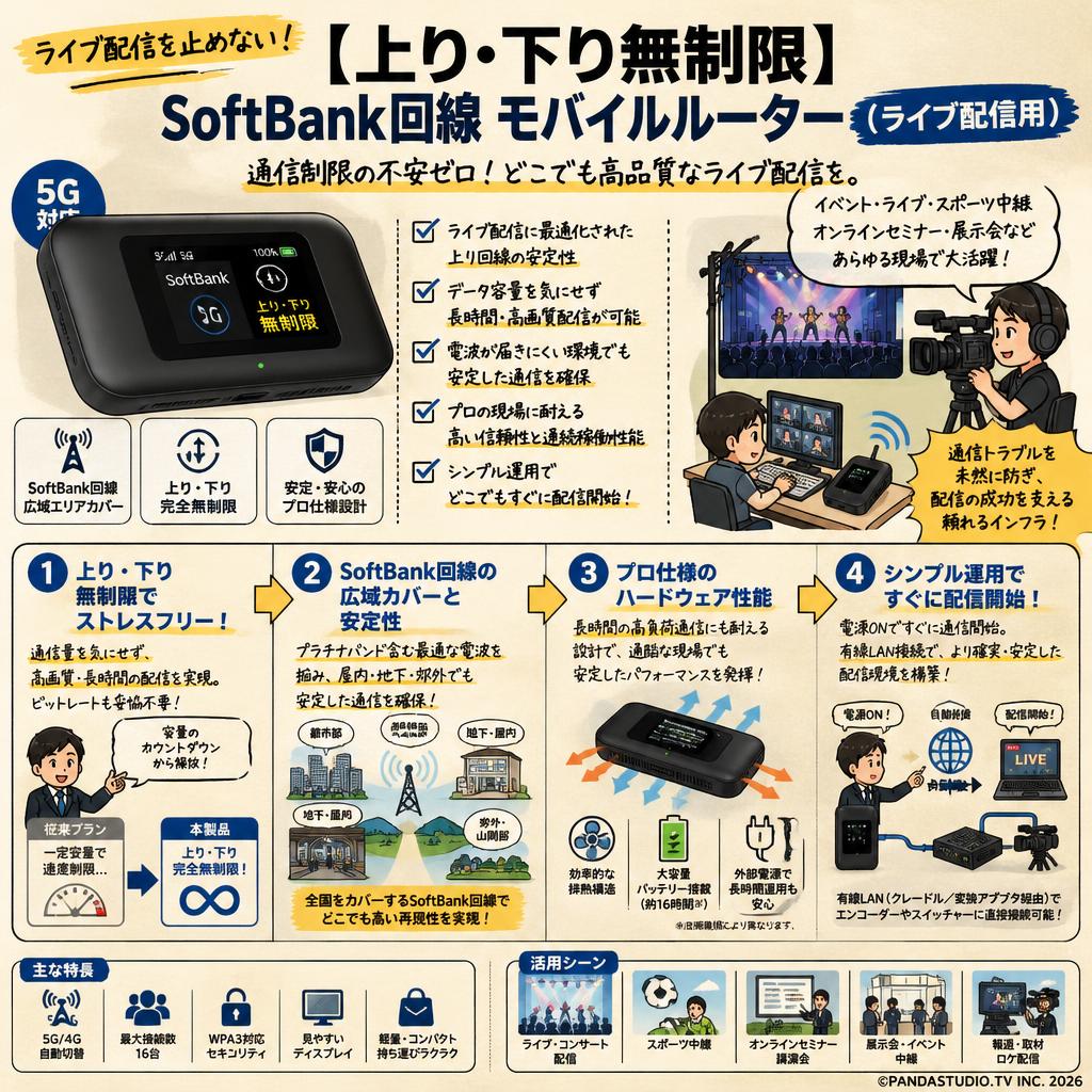 【上り・下り無制限】　SoftBank回線 モバイルルーター（ライブ配信用） 概要