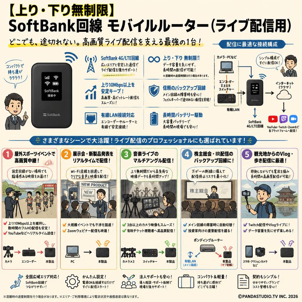 【上り・下り無制限】　SoftBank回線 モバイルルーター（ライブ配信用） 用途