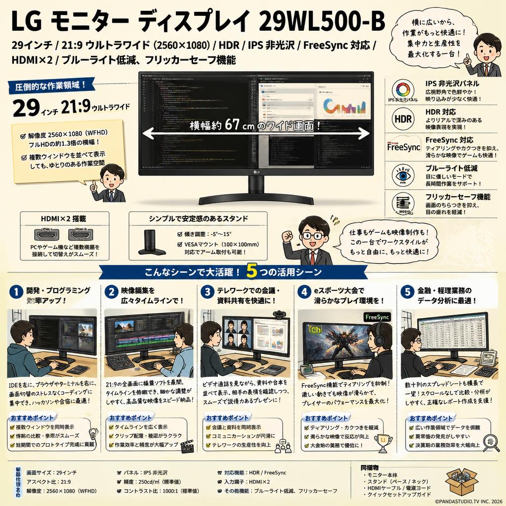 LG モニター ディスプレイ 29WL500-B 29インチ/21:9 ウルトラワイド(2560×1080)/HDR/IPS 非光沢/FreeSync対応/HDMI×2/ブルーライト低減、フリッカーセーフ機能 用途
