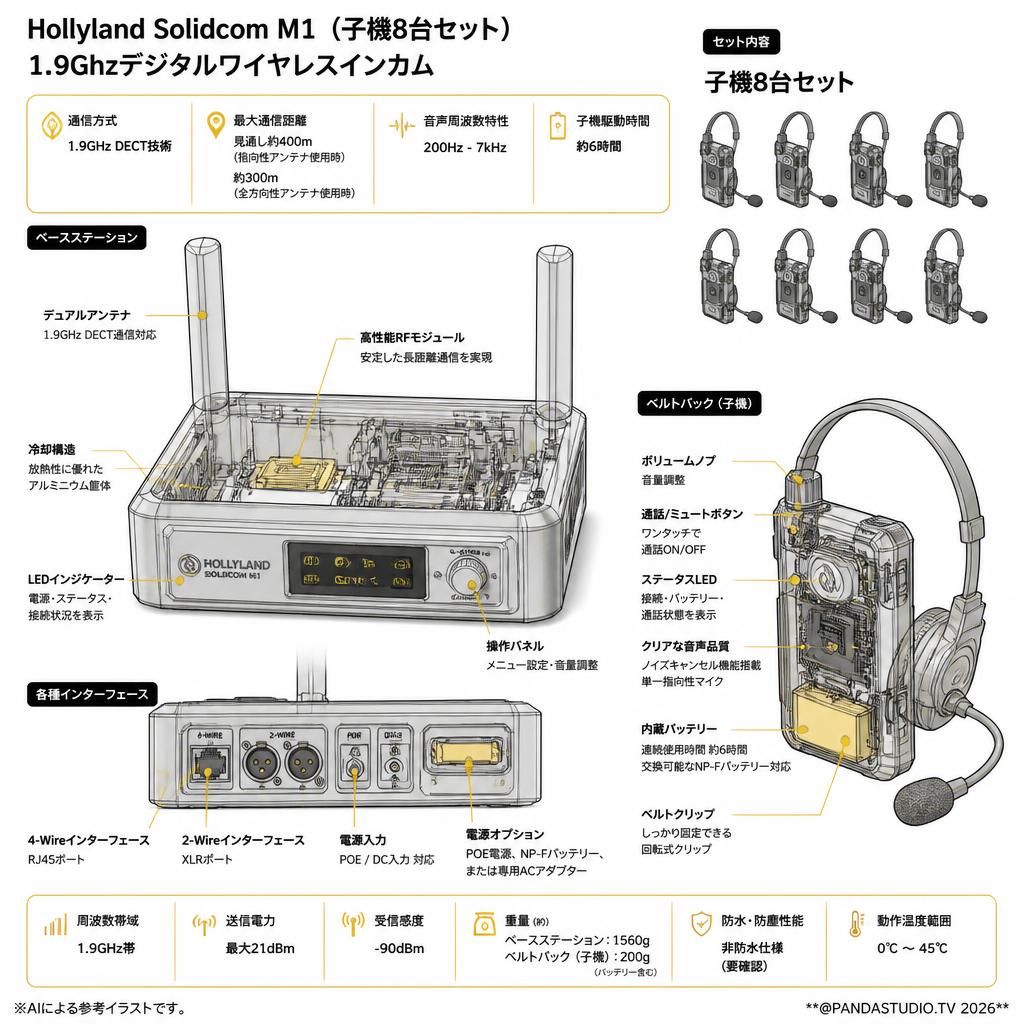 Hollyland Solidcom M1 (子機8台セット) 1.9Ghzデジタルワイヤレスインカム スペック