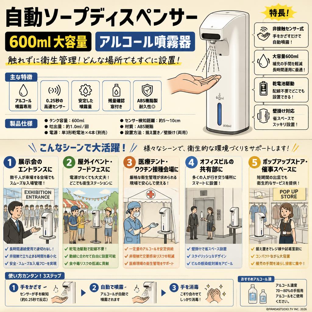 自動ソープディスペンサー 600ml 大容量 アルコール噴霧器 用途