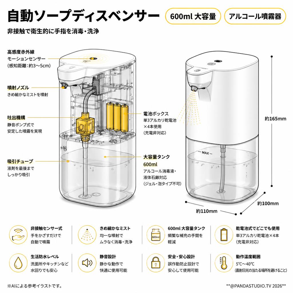 自動ソープディスペンサー 600ml 大容量 アルコール噴霧器 スペック