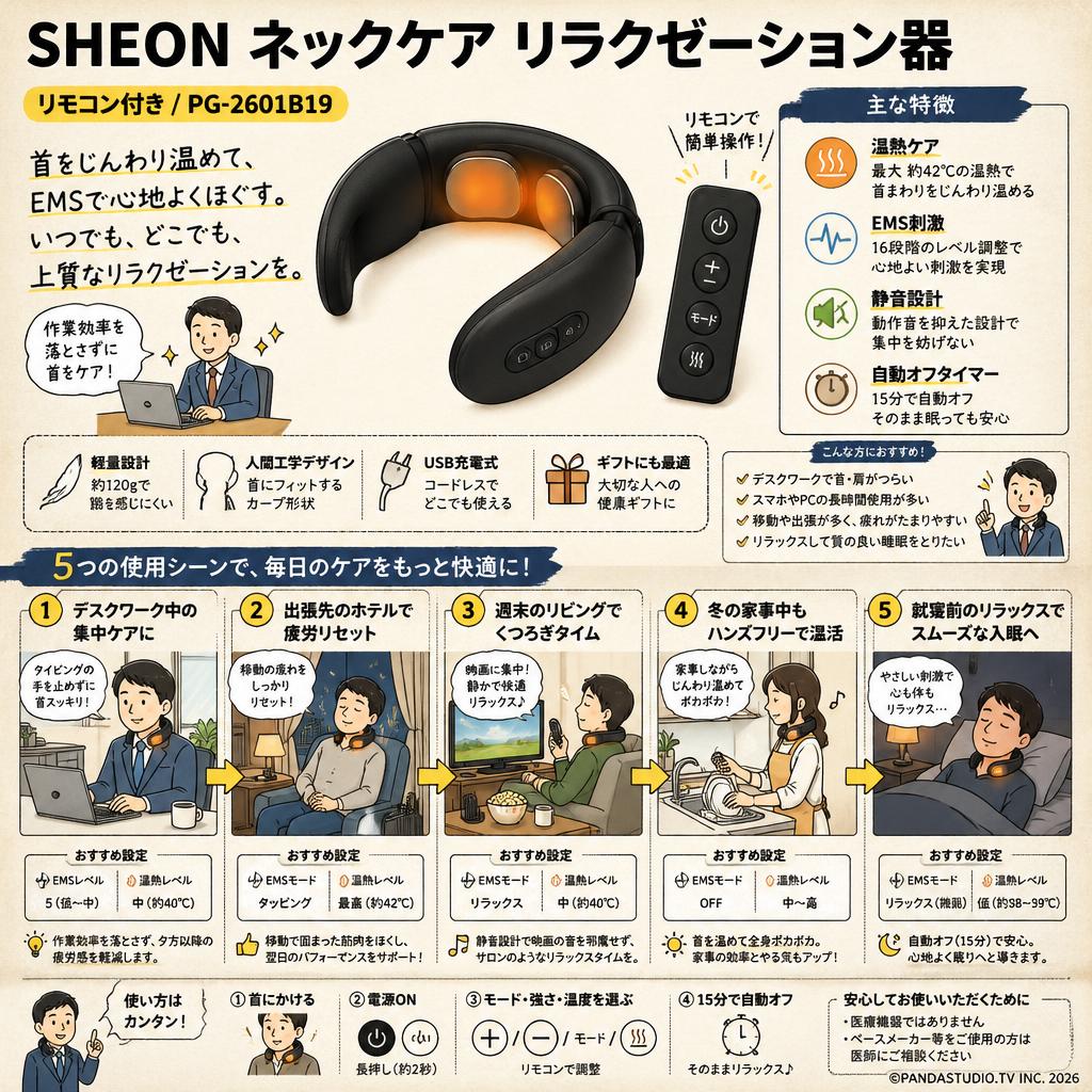 SHEON ネックケア リラクゼーション器 リモコン付き/ PG-2601B19 用途