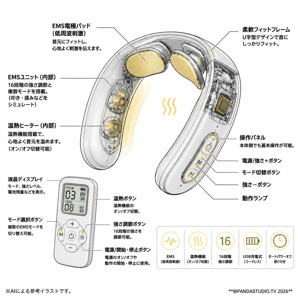 SHEON ネックケア リラクゼーション器 リモコン付き/ PG-2601B19 スペック