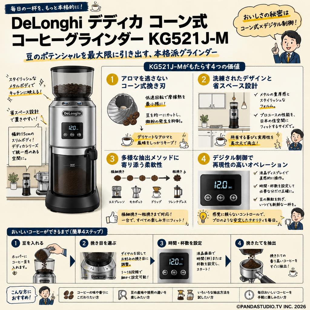 DeLonghi デディカ コーン式 コーヒーグラインダー KG521J-M 概要