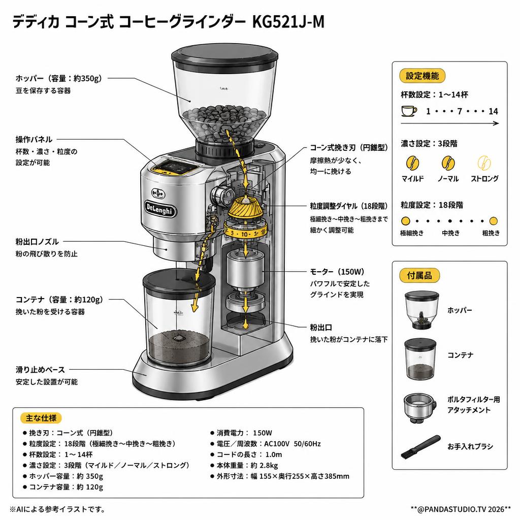 DeLonghi デディカ コーン式 コーヒーグラインダー KG521J-M スペック