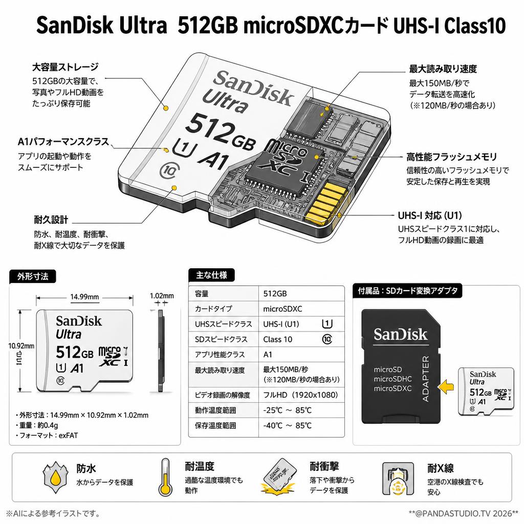SanDisk Ultra  512GB microSDXCカード UHS-I Class10 スペック