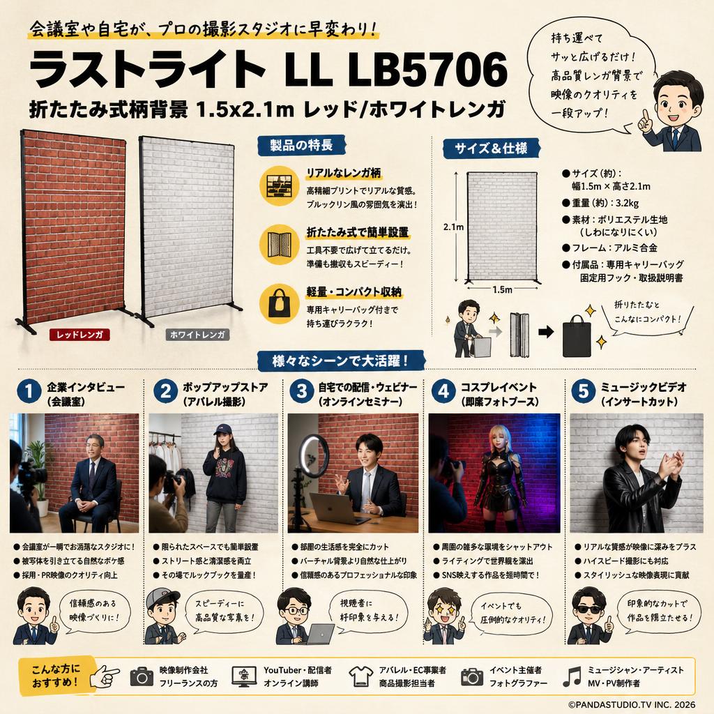 ラストライト LL LB5706 [折たたみ式柄背景 1.5x2.1m レッド/ホワイトレンガ] 用途