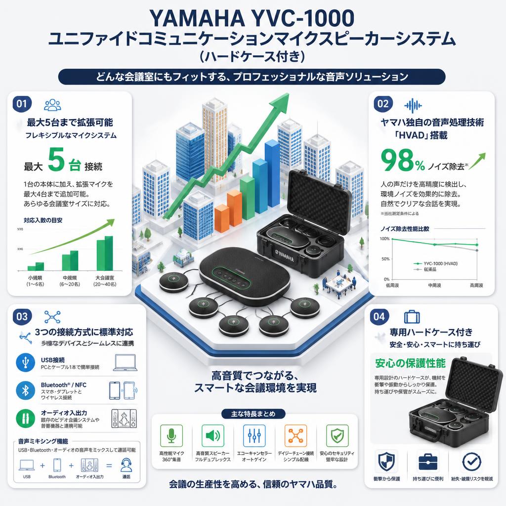 YAMAHA YVC-1000 ユニファイドコミュニケーションマイクスピーカーシステム(ハードケース付き) セールスポイント