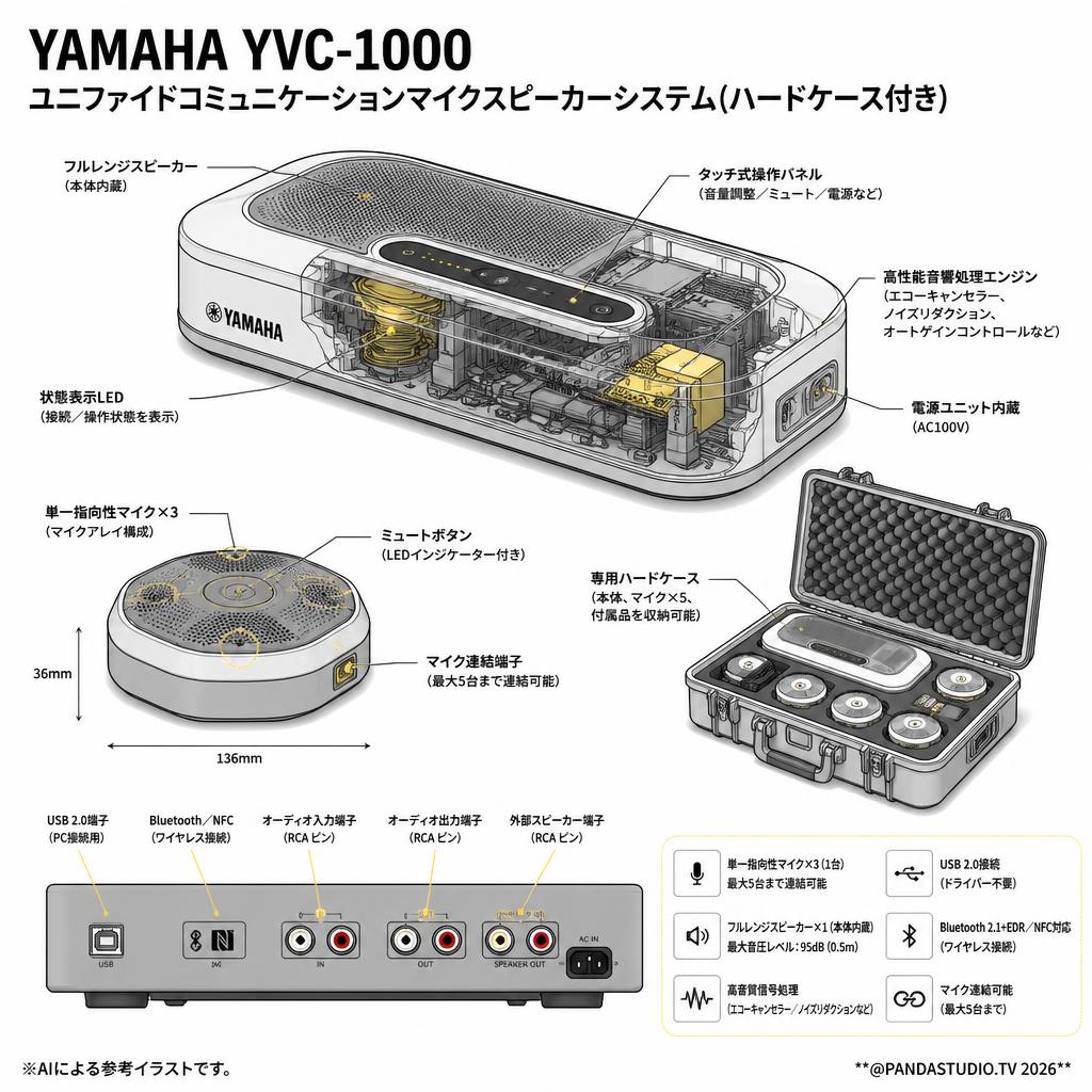 YAMAHA YVC-1000 ユニファイドコミュニケーションマイクスピーカーシステム(ハードケース付き) スペック
