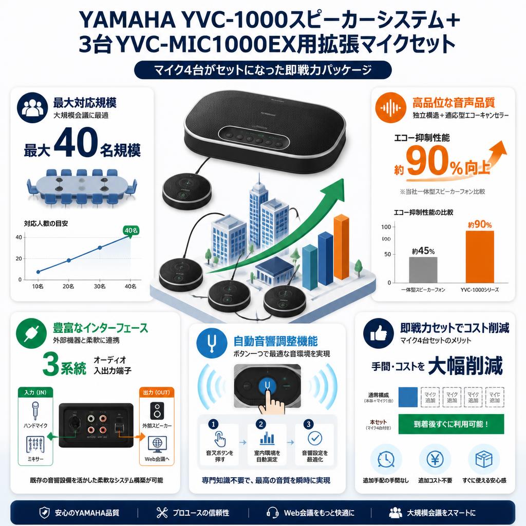 YAMAHA YVC-1000スピーカーシステム＋ 3台YVC-MIC1000EX用拡張マイクセット セールスポイント