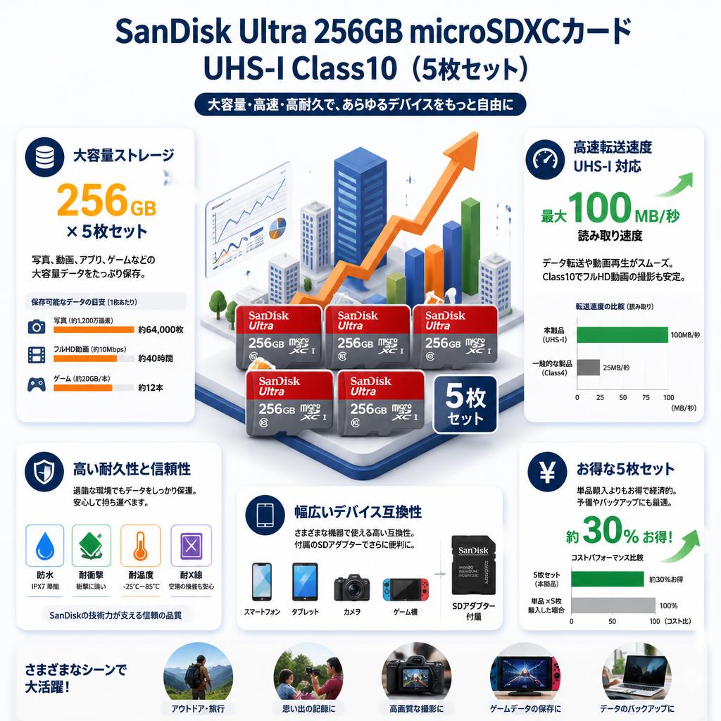 SanDisk Ultra  256GB microSDXCカード UHS-I Class10（5枚セット) セールスポイント