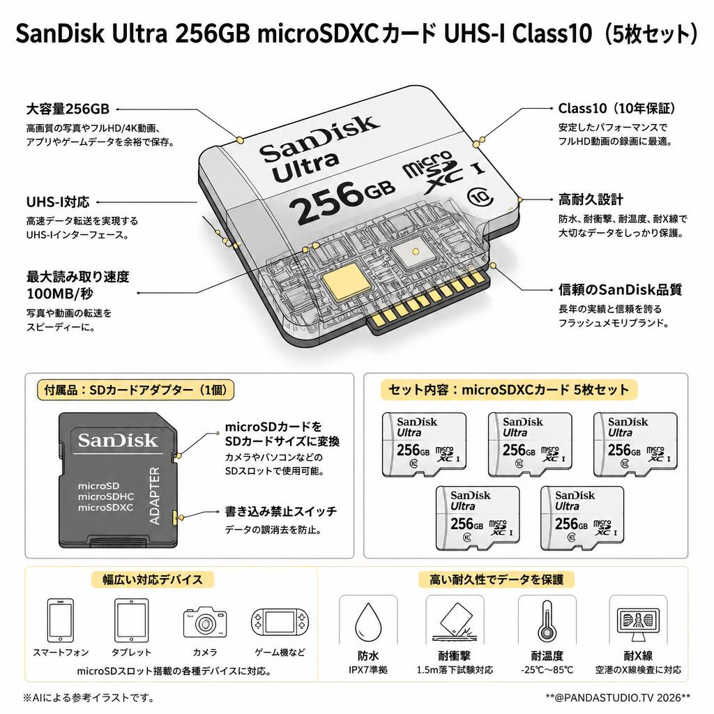 SanDisk Ultra  256GB microSDXCカード UHS-I Class10（5枚セット) スペック