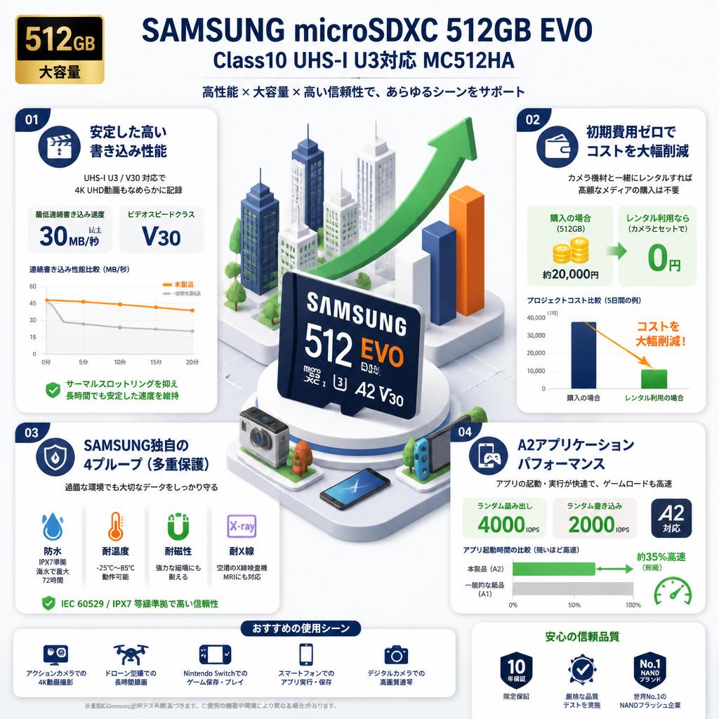 SAMSUNG  microSDXC 512GB EVO  Class10 UHS-I U3対応 MC512HA セールスポイント