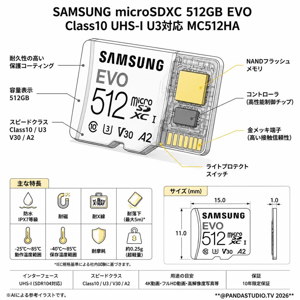 SAMSUNG  microSDXC 512GB EVO  Class10 UHS-I U3対応 MC512HA スペック