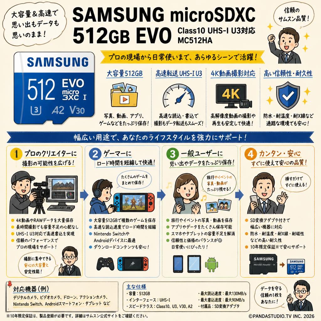 SAMSUNG  microSDXC 512GB EVO  Class10 UHS-I U3対応 MC512HA おもな対象のお客様