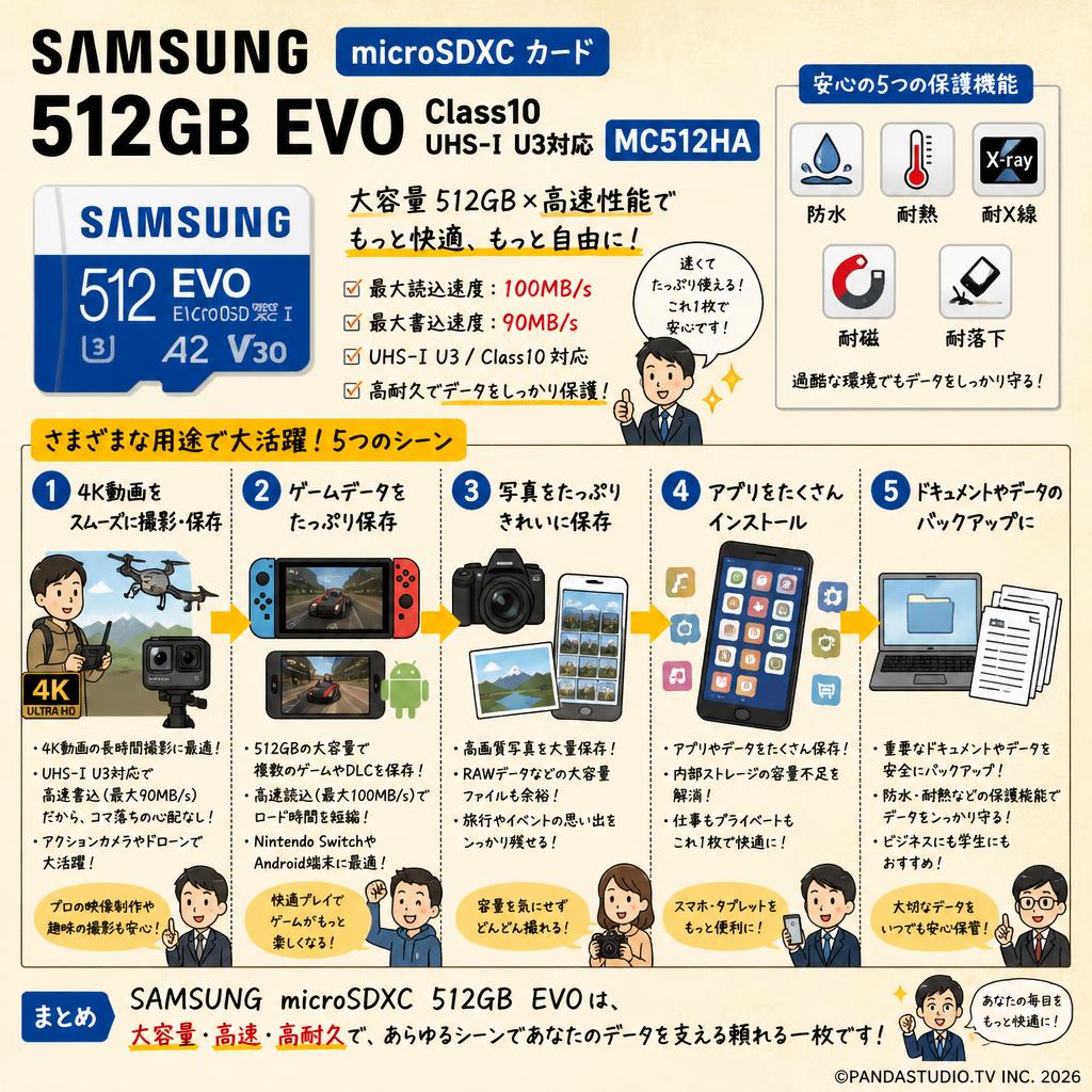 SAMSUNG  microSDXC 512GB EVO  Class10 UHS-I U3対応 MC512HA 用途