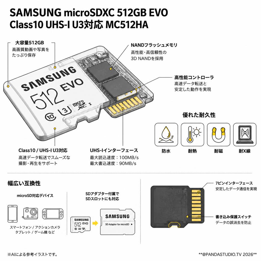 SAMSUNG  microSDXC 512GB EVO  Class10 UHS-I U3対応 MC512HA スペック