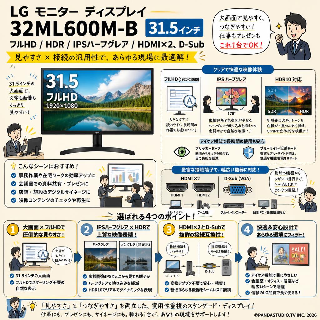 LG モニター ディスプレイ 32ML600M-B 31.5インチ/フルHD/HDR/IPSハーフグレア/HDMI×2、D-Sub 概要