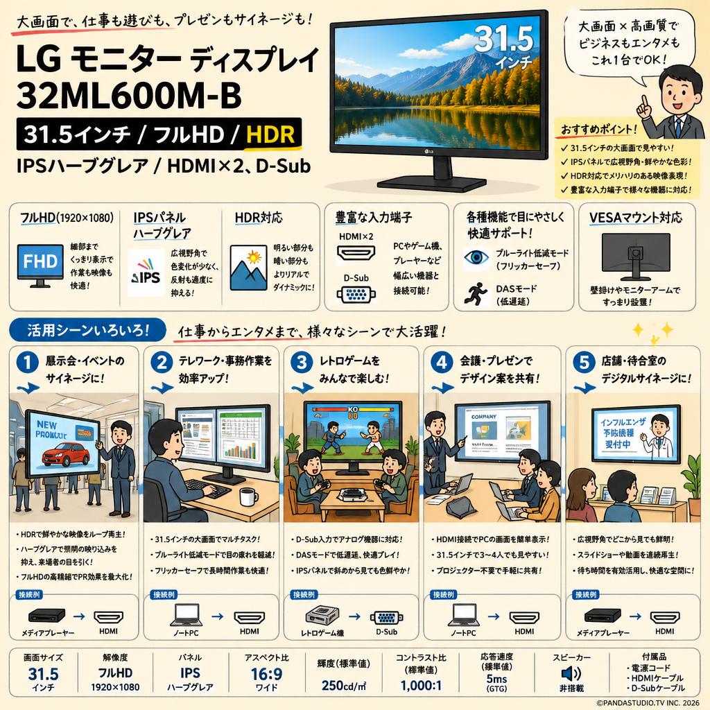 LG モニター ディスプレイ 32ML600M-B 31.5インチ/フルHD/HDR/IPSハーフグレア/HDMI×2、D-Sub 用途