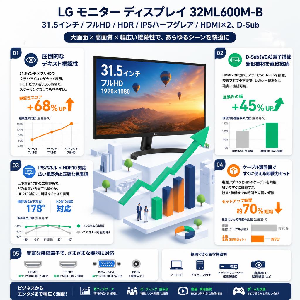 LG モニター ディスプレイ 32ML600M-B 31.5インチ/フルHD/HDR/IPSハーフグレア/HDMI×2、D-Sub セールスポイント