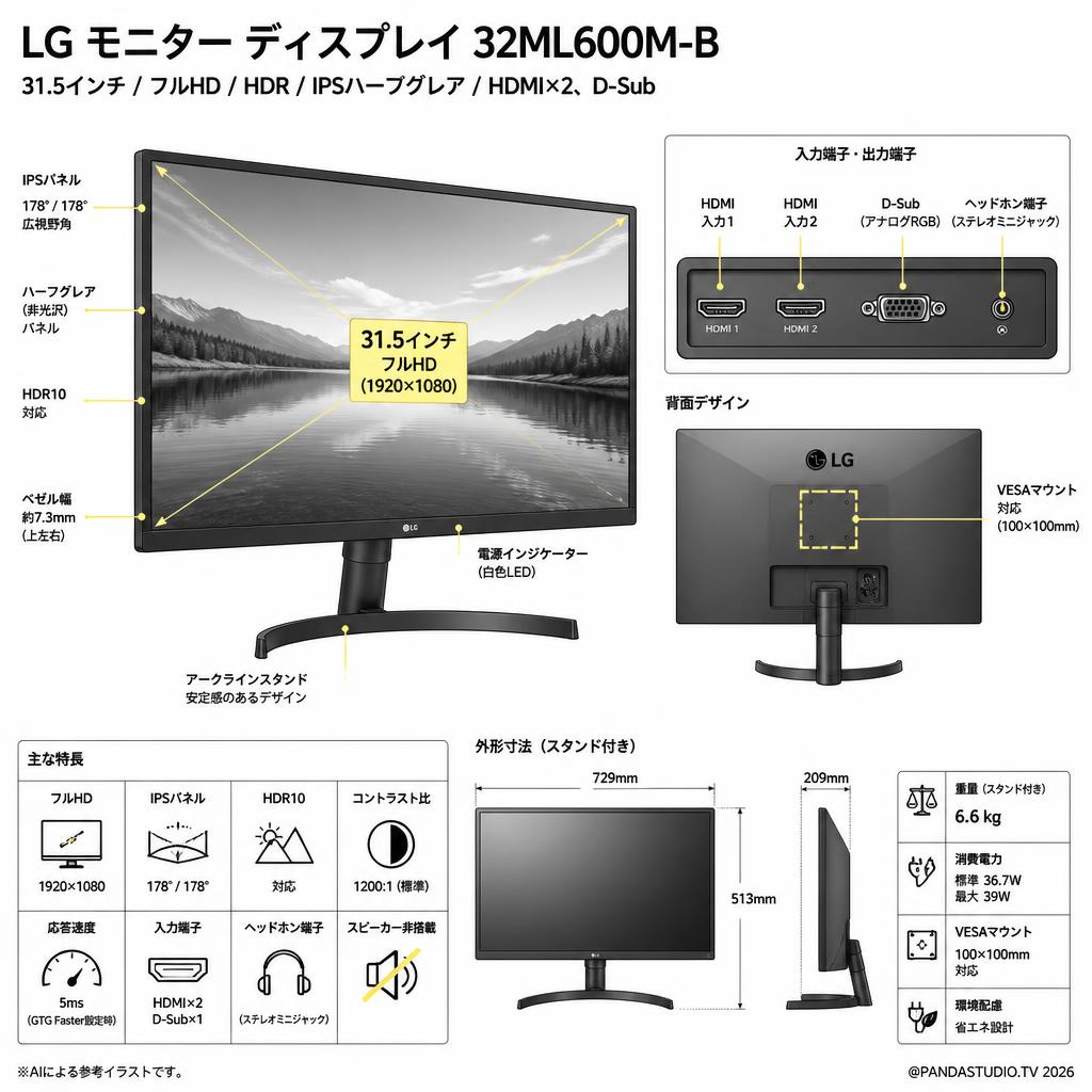 LG モニター ディスプレイ 32ML600M-B 31.5インチ/フルHD/HDR/IPSハーフグレア/HDMI×2、D-Sub スペック