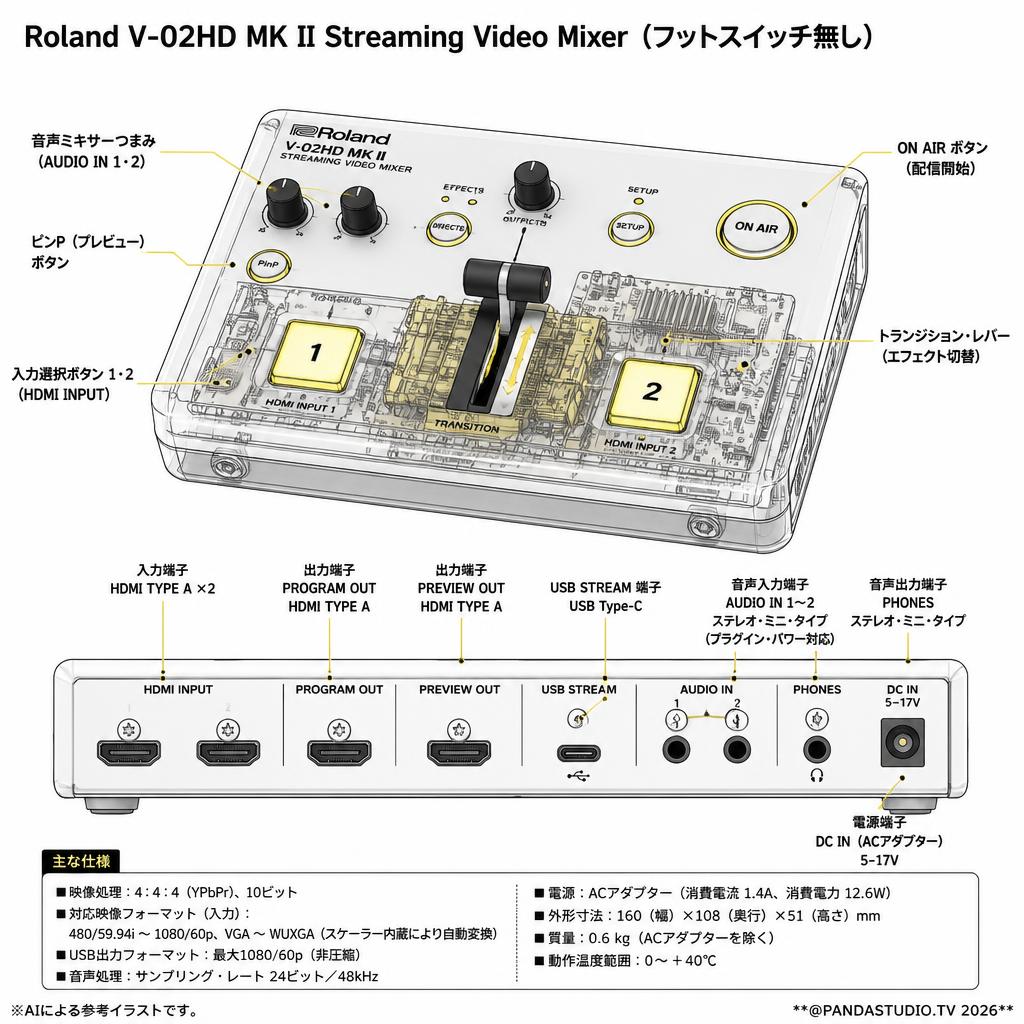 Roland V-02HD MK II Streaming Video Mixer（フットスイッチ無し） スペック