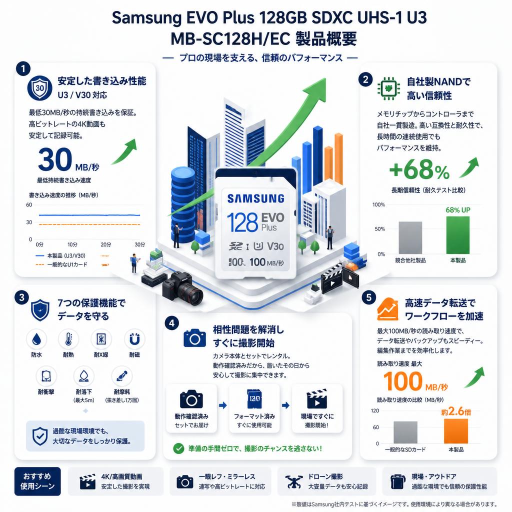 Samsung EVO Plus 128GB SDXC UHS-1 U3 100MB/s MB-SC128H/EC セールスポイント