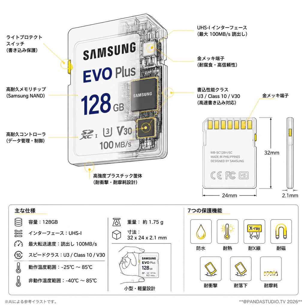 Samsung EVO Plus 128GB SDXC UHS-1 U3 100MB/s MB-SC128H/EC スペック