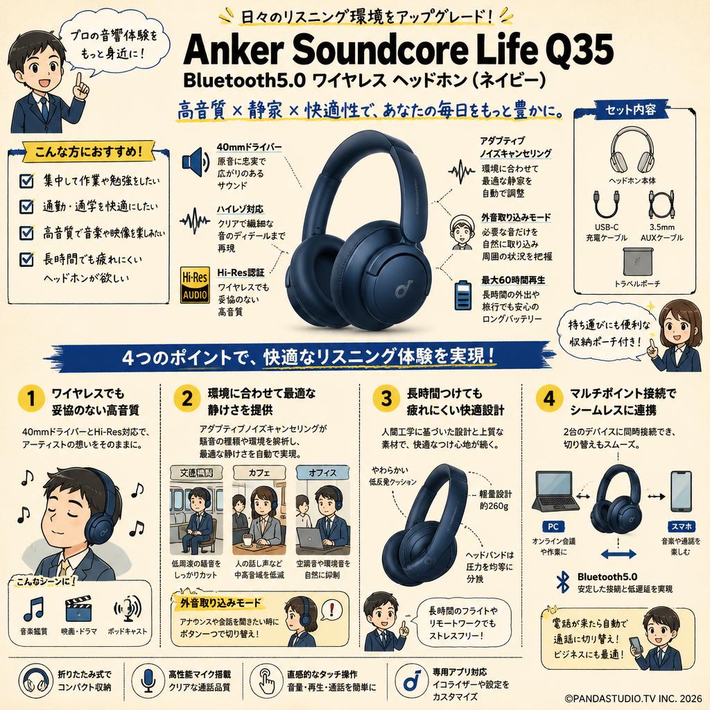 Anker Soundcore Life Q35 Bluetooth5.0 ワイヤレス ヘッドホン (ネイビー) 概要