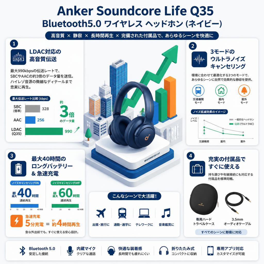 Anker Soundcore Life Q35 Bluetooth5.0 ワイヤレス ヘッドホン (ネイビー) セールスポイント