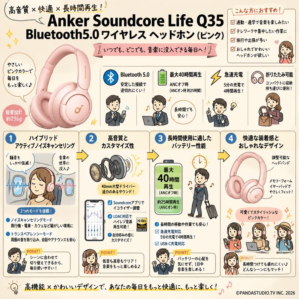 Anker Soundcore Life Q35 Bluetooth5.0 ワイヤレス ヘッドホン (ピンク) 概要
