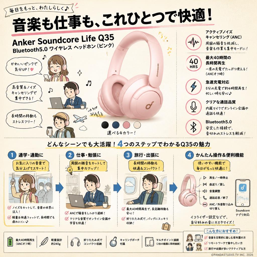 Anker Soundcore Life Q35 Bluetooth5.0 ワイヤレス ヘッドホン (ピンク) おもな対象のお客様