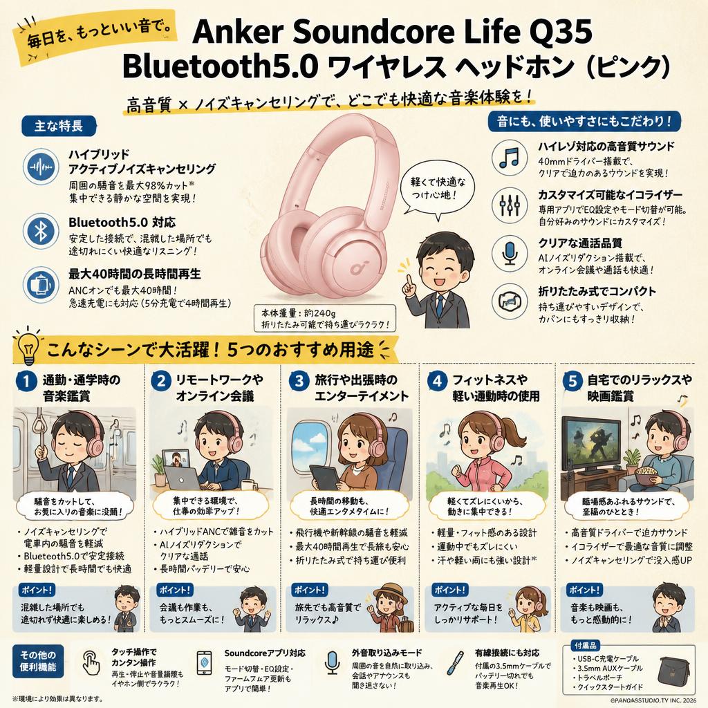 Anker Soundcore Life Q35 Bluetooth5.0 ワイヤレス ヘッドホン (ピンク) 用途