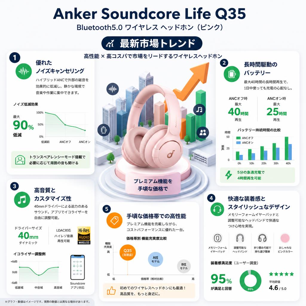 Anker Soundcore Life Q35 Bluetooth5.0 ワイヤレス ヘッドホン (ピンク) セールスポイント