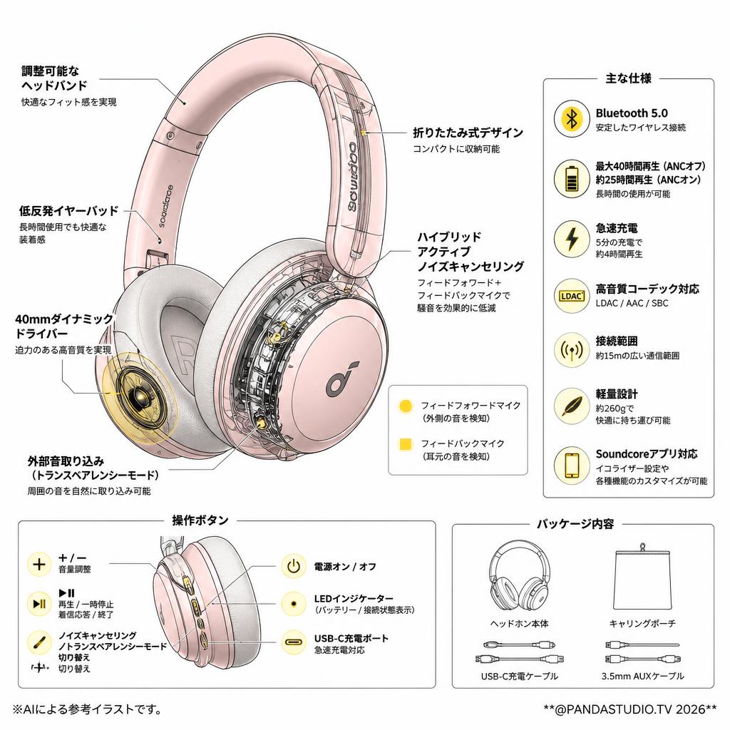 Anker Soundcore Life Q35 Bluetooth5.0 ワイヤレス ヘッドホン (ピンク) スペック