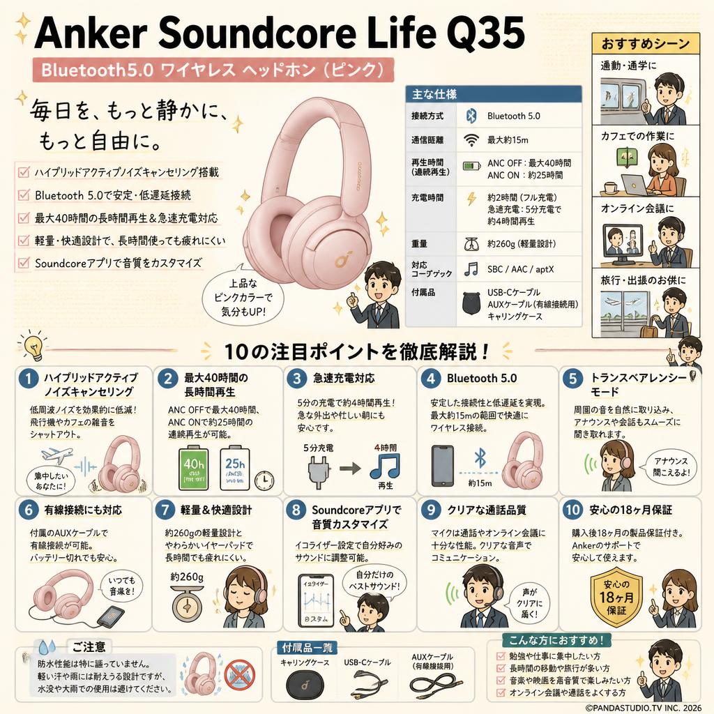 Anker Soundcore Life Q35 Bluetooth5.0 ワイヤレス ヘッドホン (ピンク) FAQ（よくある質問と答え）