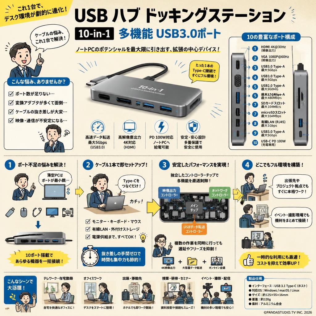 USB ハブ ドッキングステーション 10-in1 多機能 USB3.0ポート 概要
