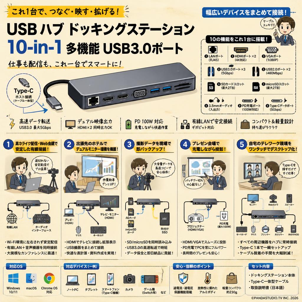 USB ハブ ドッキングステーション 10-in1 多機能 USB3.0ポート 用途