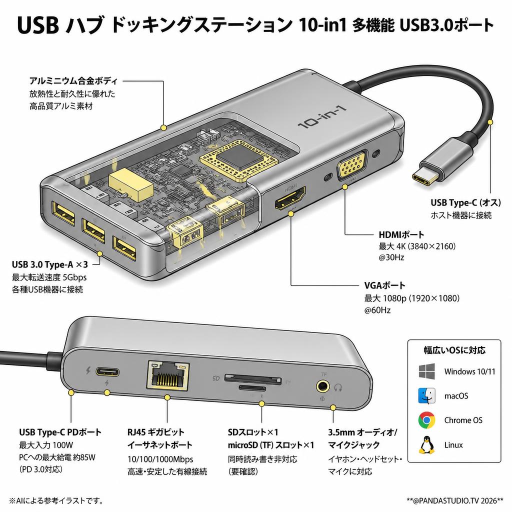 USB ハブ ドッキングステーション 10-in1 多機能 USB3.0ポート スペック