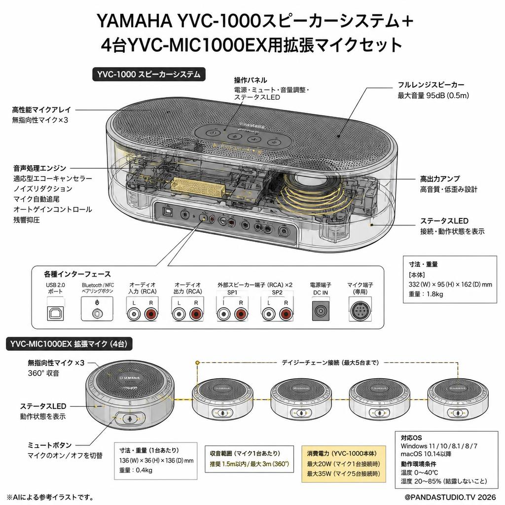 YAMAHA YVC-1000スピーカーシステム＋ 4台YVC-MIC1000EX用拡張マイクセット スペック