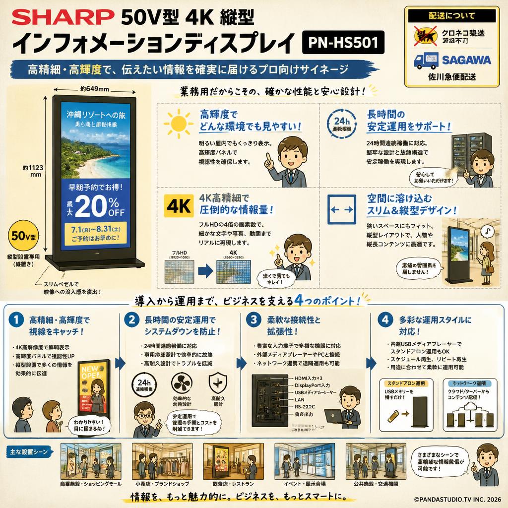 SHARP 50V型 4K 縦型インフォメーションディスプレイ PN-HS501