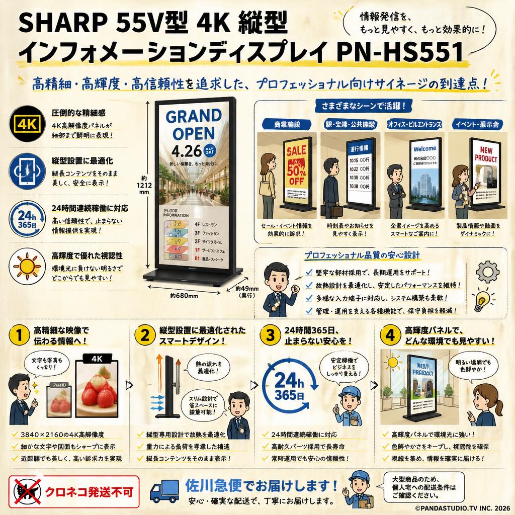 SHARP 55V型 4K 縦型インフォメーションディスプレイ PN-HS551 サイネージ【クロネコ発送不可/佐川急便配送】 概要