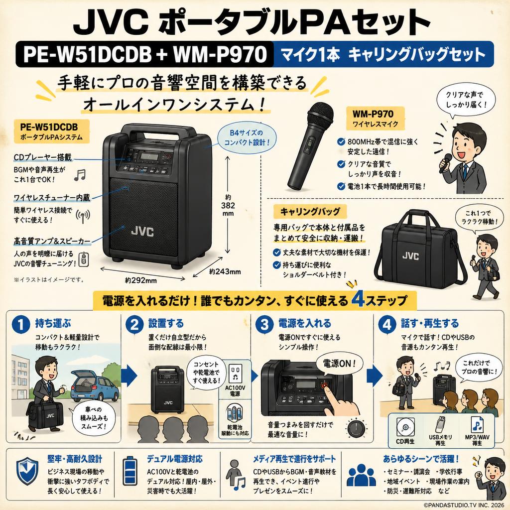 JVC ポータブルPAセット PE-W51DCDB + WM-P970 マイク1本　キャリングバッグセット 概要