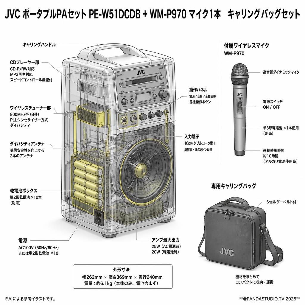 JVC ポータブルPAセット PE-W51DCDB + WM-P970 マイク1本　キャリングバッグセット スペック