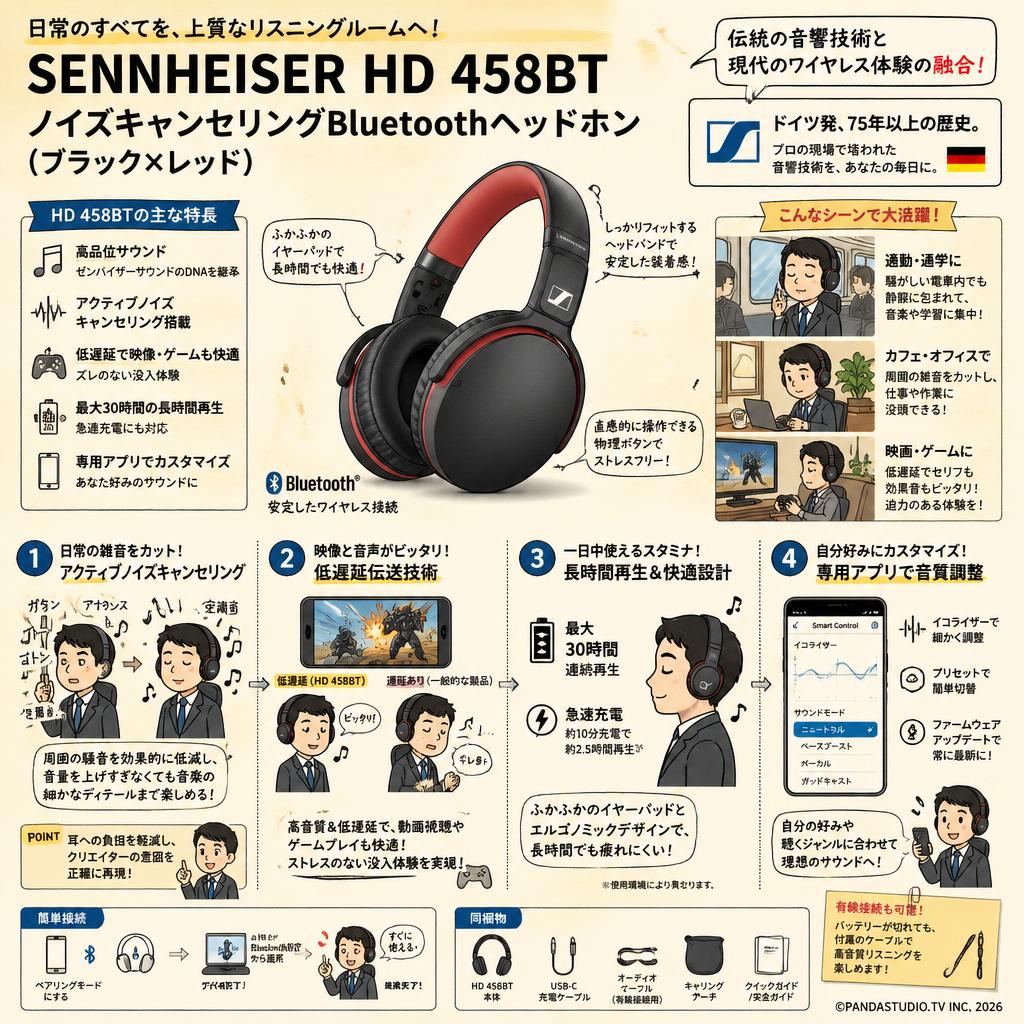 SENNHEISER  HD 458BT ノイズキャンセリングBluetoothヘッドホン(ブラックxレッド) 概要