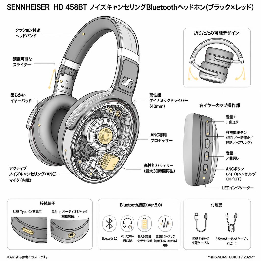 SENNHEISER  HD 458BT ノイズキャンセリングBluetoothヘッドホン(ブラックxレッド) スペック