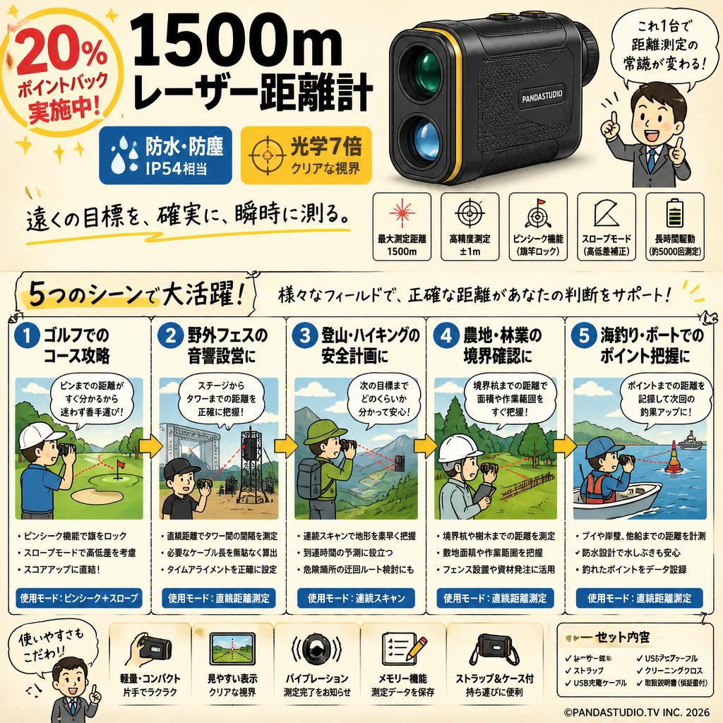 【20%ポイントバック実施中】1500m レーザー距離計 防水防塵 光学7倍 用途