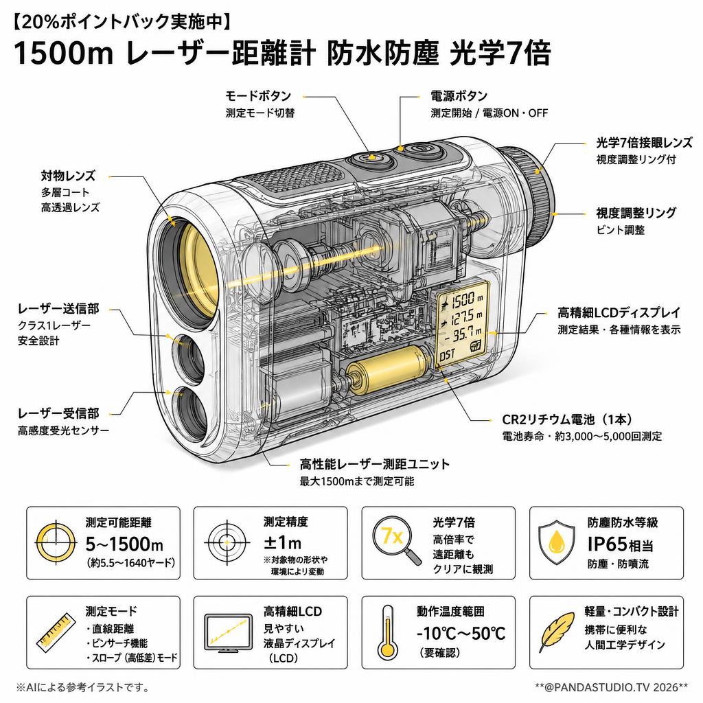 【20%ポイントバック実施中】1500m レーザー距離計 防水防塵 光学7倍 スペック