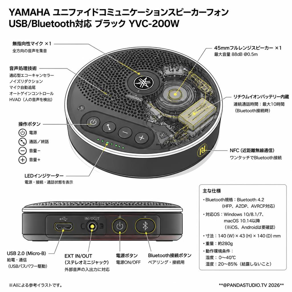 YAMAHA ユニファイドコミュニケーションスピーカーフォン USB/Bluetooth対応 ブラック YVC-200W スペック